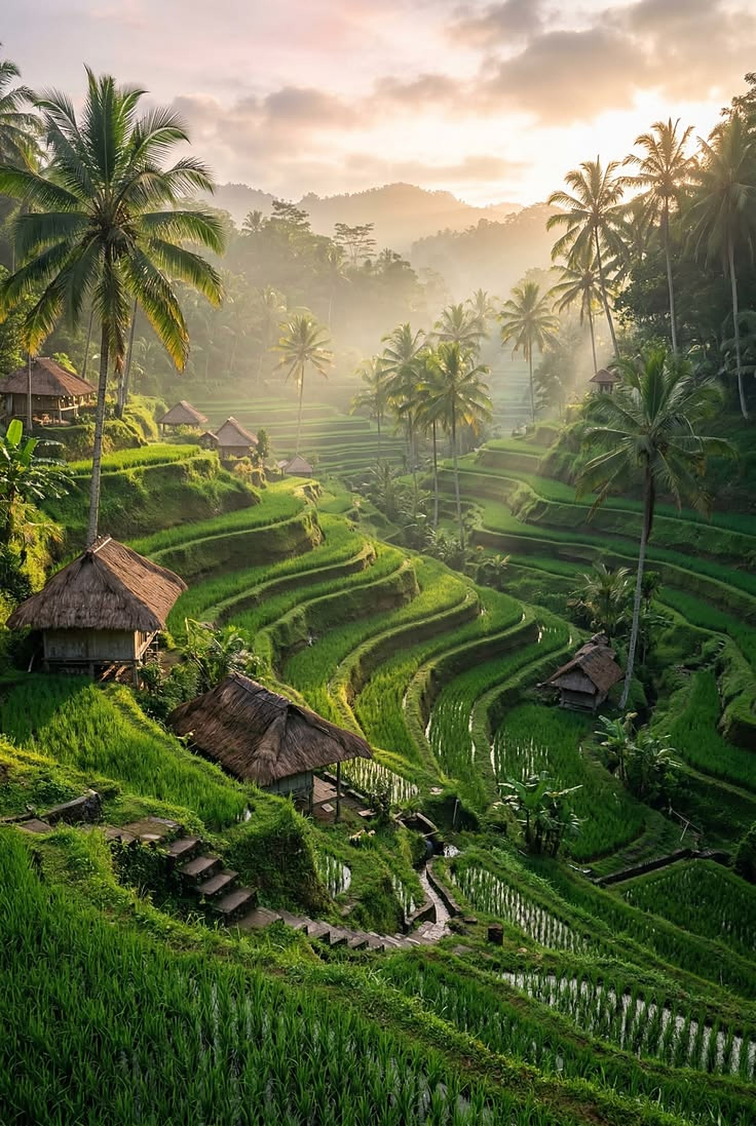 Rice terraces and thatched huts near Ubud, Bali, at sunrise